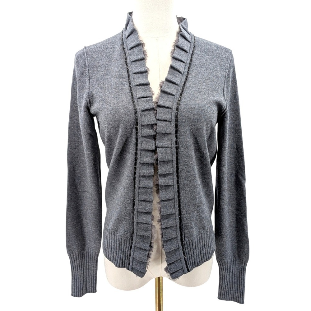 Banana Republic Merino Wool Cardigan Sweater Gray Ruffle Open Front Women's M